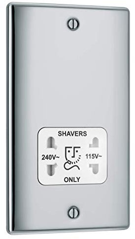 BG Electrical Dual Voltage Shaver Plug Socket, Electric Toothbrush Charger Socket, Bathroom, Raised and Slim Profile, Round Edges, Nexus Metal, 2-Pin, Polished Chrome,115V / 240V, NPC20W