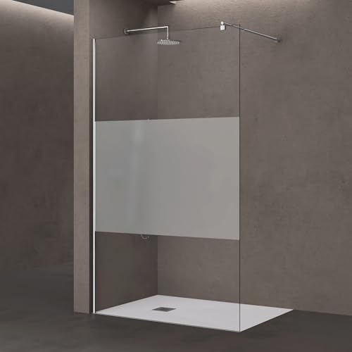 doporro Walk-In Duschwand 90x200cm Duschabtrennung 8mm ESG-Sicherheitsglas | Milchglas-Streifen Duschwand mit Nanobeschichtung | Aluminiumrahmen in Chrom | Bremen01MS