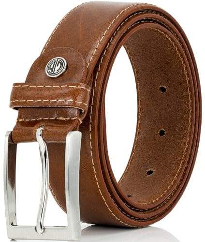 LINDENMANN Leder-Gürtel Herren 35 mm breit, Gürtel Herren Vollledergürtel, cognac/grau/weiss