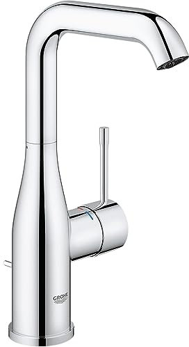 GROHE Essence, Waschtischarmatur hoch, wassersparend (Wasserhahn für das Bad, Badarmatur mit Zugstangen-Ablauf, 24cm hoch, langlebige Oberfläche, einfache Installation am Waschbecken), chrom, 32628001