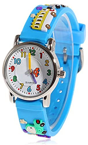 Mixe First Time Teacher Boys Girls Children Kids Analog Wrist Watch Cartoon 3D Band Environment Friendly Silicone (Blue Car)