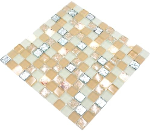 Glasmosaik Quadrat Crystal Muschel beige Transluzent Transparent 3D, Mosaikstein Format: 23x23x8 mm, Mattengröße: 300x300 mm, 1 Matte