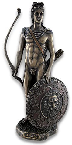 Things2Die4 Römischer/griechischer Gott Apollo mit Schild und Schleife, bronzefarben | Bronzefarbenes Harz, handbemalte Akzente, fließende Schlösser und Blattdetails