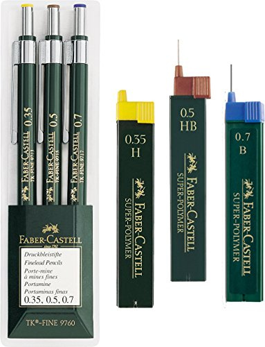 Faber-Castell 136030-3er Set Druckbleistifte TK-FINE 9760, Minenstärken: 0,35 mm; 0,5 mm + 0,7 mm, Schaftfarbe: grün | Eco Bundle mit Ersatzminen 0.35 H 0.5 HB 0.7 B
