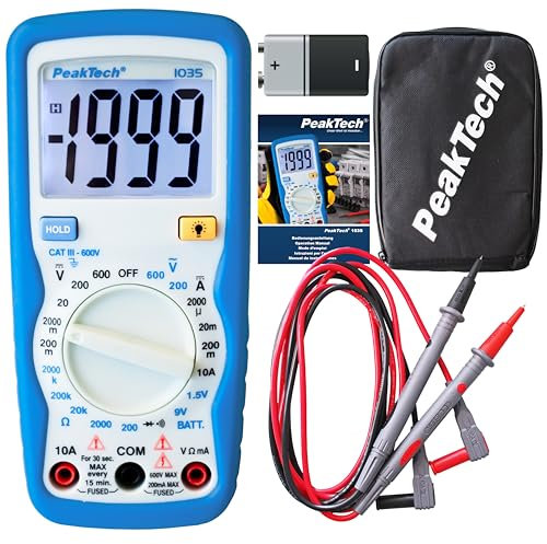 PeakTech Kompaktes Digital-Multimeter P1035 zur Messung von Spannung, Gleichstrom und Widerstand, Blau, Weiß