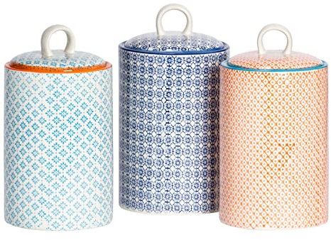 Nicola Spring Hand Printed Utensil Holders - 1L - Pack of 3-3 Colours - Decorative Porcelain Floral Pattern Kitchen Storage Jar Airtight Container for Utensils, Spoons, Spatulas, Scrapers