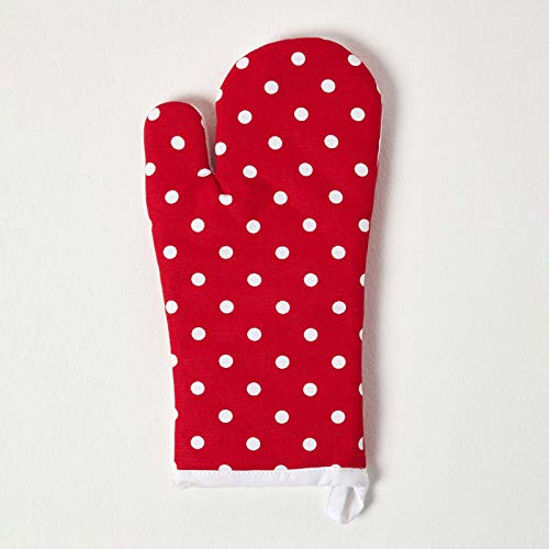 Homescapes Ofenhandschuh Polka Dots, rot weiß ca. 18 x 32 cm, Topfhandschuh aus 100% reiner Baumwolle mit Polyesterfüllung, waschbarer Kochhandschuh