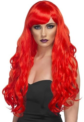 Smiffys Perruque désir, rouge, cheveux longs, bouclés avec frange Halloween, Carnaval
