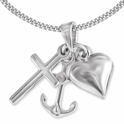 CLEVER SCHMUCK Glaube Liebe Hoffnung Halskette Anhänger 3-teilig Silberkreuz Herz Anker mit Panzerkette 45 cm Sterlig Silber 925 im Etui creme