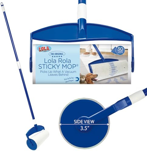 LOLA Rola PET Hair Remover Sticky Mop, Giant Floor Lint Roller, 9 x 3.5, Extender Handle, Largest Head, Traps Hair, Dust, Dirt, Extra Sticky Sheets
