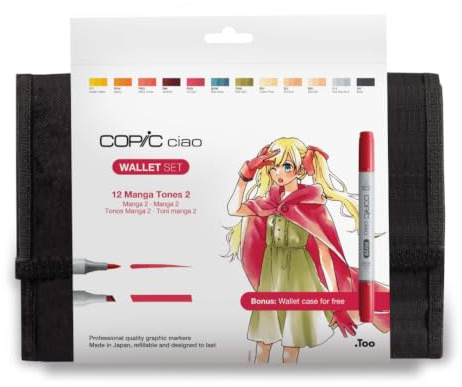 COPIC Ciao Marker 12er Manga Set Schuluniformen im Wallet, Allround-Layoutmarker mit einer mittelbreiten und einer Brush-Spitze