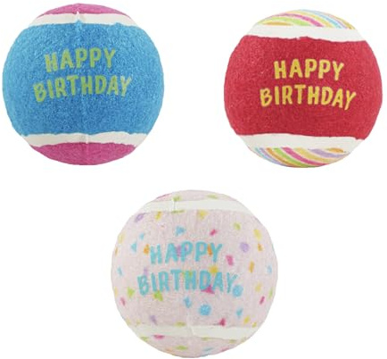Rosewood Birthday Tennis Balls for Dogs – Pack of 3 Squeaky Fetch Toy Balls, Colourful Celebration-Themed Designs, Dog Birthday Gift, Indoor or Outdoor Active Play & Exercise