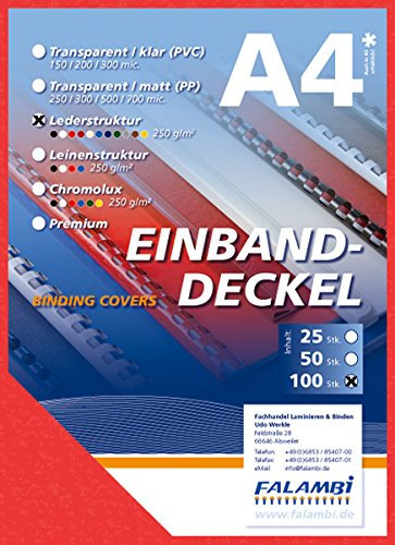 FALAMBI 100 Einbanddeckel mit Lederstruktur, Rückenkarton 250 gr/m², Rückendeckel für Bindungen (rot)