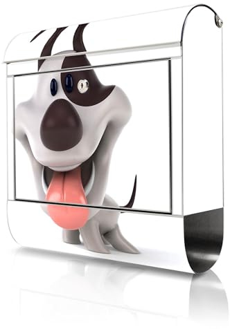 banjado Briefkasten Edelstahl 38x43x12cm & 2 Schlüssel - rostfreier Edelstahl Briefkasten mit Zeitungsfach - Postkasten A4 Einwurf inkl. Montagematerial - Motiv Comic-Hund