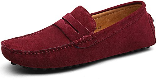 Jamron Män Mocka Läder Penny Loafers Komfort Körskor Mockasin Tofflor Bourgogne 2088 EU43