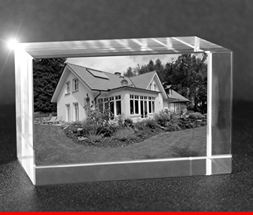 VIP-LASER 2D Gravur Glas Kristall Quader im Querformat L mit dem Foto von Deinem Haus. Dein Wunschfoto für die Ewigkeit Mitten in Glas! Groesse L = 60x40x40mm