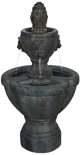 Outdoor Fountain – Polyresin 2-Tier Water Feature with Lion Head Details and Realistic Stone Appearance – Yard Art with Soothing Sound by Pure Garden