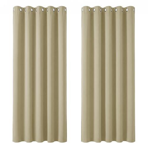 Deconovo Mörkläggningsgardin, gardin för vardagsrum, termogardin med köldskydd och öljetter, 229 x 168 cm (längd x bredd), beige, set om 2