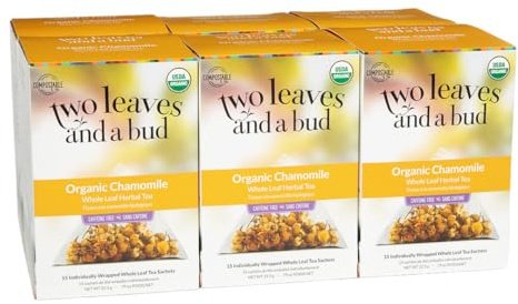 Two Leaves and a Bud Organic Chamomile Tea Bags, Naturally Caffeine Free, Whole Leaf Herbal Chamomile Tea in Compostable Sachets, 15 Count (Pack of 6)