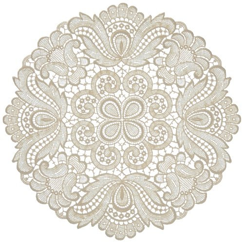 Plauener Spitze - Tischdecke Nr. 67952_e_30 - kleine Tischdecke Design Plauen, Größe 30 cm rund, Farbe Champagner, in Handstickerei komplettierte, gestickte Guipure Spitze