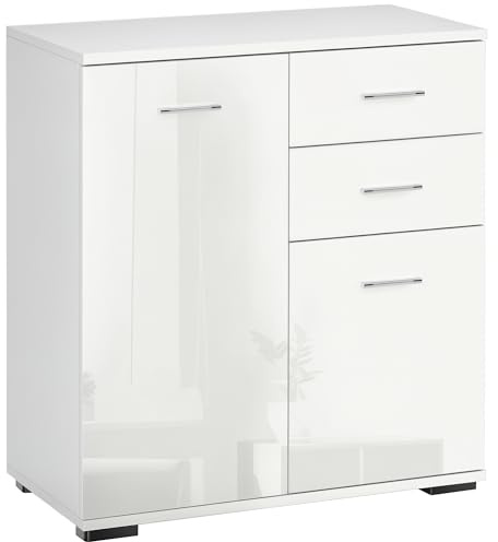 HOMCOM Sideboard, Modern Storage Cabinet with 2 Drawers, 2 Doors and Adjustable Shelf, Kitchen Cabinet for Living Room, Dining Room, High Gloss White