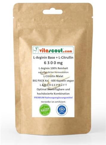 L-Arginin Base + L-Citrullin 6300 – 600 Kapseln VEGAN, Pflanzliches Arginin in Base-Form, 100% Reinheit – Optimales Mischungsverhältnis - LABORGEPRÜFT - ohne Magnesiumstearat