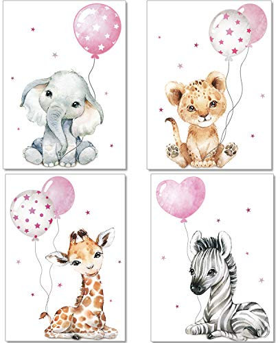 artpin® Poster Kinderzimmer Deko - Bilder Babyzimmer für Mädchen - Safari Dschungel Tierposter Grau Rosa Luftballon P64