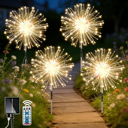 yowin Luci Solari per Giardino 4 x 120 LED Lucine da Esterno | Energia Solare Fuochi D'artificio IP65 Impermeabile 8 Modalità Decorative Lampade per Vialetto Prato Feste - Bianco Caldo