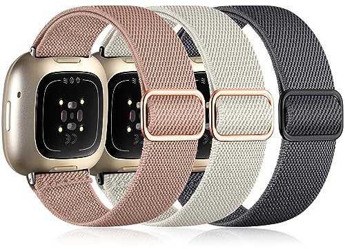 Oielai 3 Stück Armband Kompatibel mit Fitbit Versa 3 Armband/Fitbit Versa 4 Armband/Fitbit Sense 2 Armband/Sense Armband Damen Herren, Weich Elastisch Nylon Sport Ersatzband für Versa 4/Versa 3/Sense