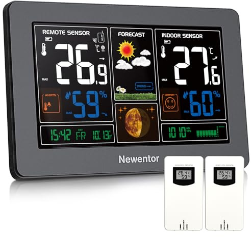 Newentor Wetterstation Funk mit Außensensor | Einfach einzurichten,Thermometer und Hygrometer, Wettervorhersage, Temperaturwarnung, Schwarz, 2 Außensensoren.