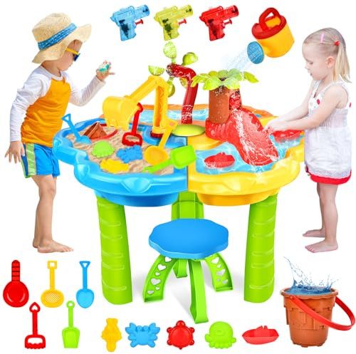JONRRYIN Sand Wassertisch für Kleinkinder, 3-Tier Kinder Sand Wassertisch Spielzeug, Wasserspieltisch Outdoor Strandspielzeug, Groß Spieltisch Sommer-Wasserspielzeug für Jungen (Dunkelgrün)