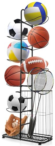COSTWAY 7-Tier Ball Storage Rack, Metal Basketball Stand Ball Holder with 7 Removable Hanging Rods and Side Basket, Vertical Sports Equipment Organizer for Garage