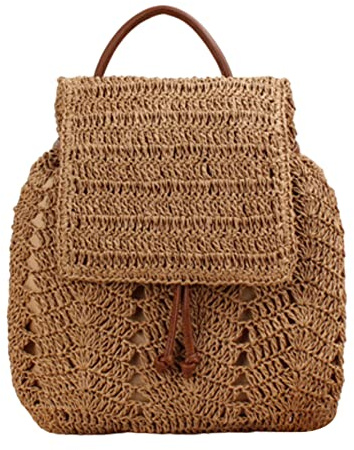 Bolso de Bolso de Paja Drawstring Mochila Tejida Bolsos de Verano Bolsas de Playa para Mujeres Mochilas de Moda Caqui