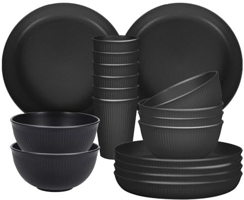 Sagiterra Lot de 18 assiettes et bols légers et incassables pour 6 personnes, assiettes de camping pour pique-nique, vaisselle avec assiettes de 23 cm, bols de 15 cm, tasses pour cuisine (noir)