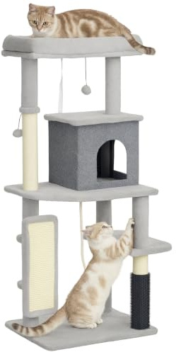 PawHut Cat Tree for Indoor Kittens with Scratching Posts 132cm Light Grey | Pad, Bed, House, Jumping Platform, Grooming Brush, Toy Balls, Anti-Tip Kit, Cat Tower, Kitten Climbing Frame