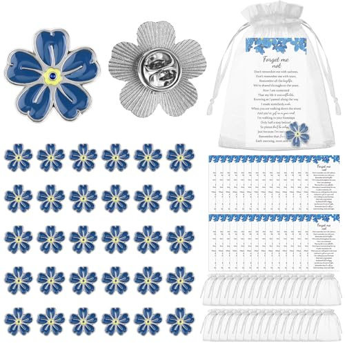 Forget Me Not Memorial Pin Flower Lapel Brooch Funeral Favour with Cards