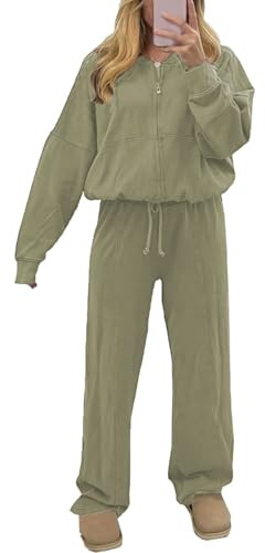 Party HuB långärmad bomberjacka med dragkedja för kvinnor och fleecebyxor med dragsko 2 st myskläder outfit damer varm vinterträningsoverall, BEIgE, 16-18