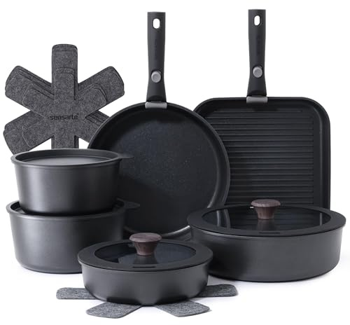 SENSARTE Nonstick Kastrullset för Induktion 17-delar, Stekpanna med Lock, Sauterpanna med Avtagbart Handtag, Kastrull och Grillpanna, Ugnssäker, Lämplig för Alla Spisar, PFOA-fri (Svart)