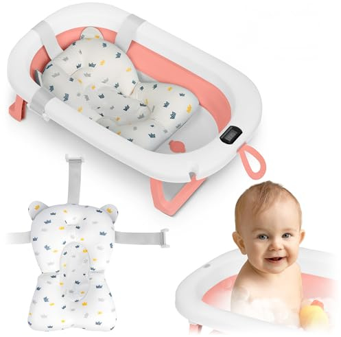 Ricokids Bañera Plegable Bebé con Termómetro y Almohadilla - Ligera y Antideslizante - Blanco-Rosa