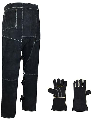 shenwld Open Back Leather Welding Chaps Pants with Gloves -R(Black)