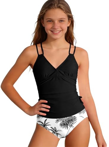 Bikini de Dos Piezas con Relleno extraíble y Tirantes Ajustables para niñas, Traje de baño con Estampado Floral Tropical para Adolescentes y .#A