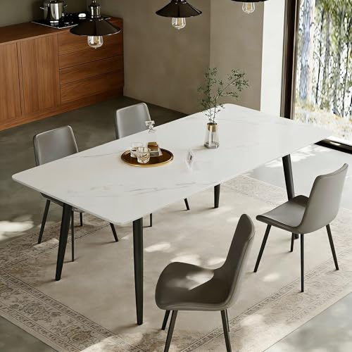 LumivoxNest Modern Sintered Stone Dining Table, 120/160cm, White/Grey Top, Waterproof & Easy-Clean, Metal A-Frame, for Dining Room, Patio & Outdoor Use (White, 140CM)