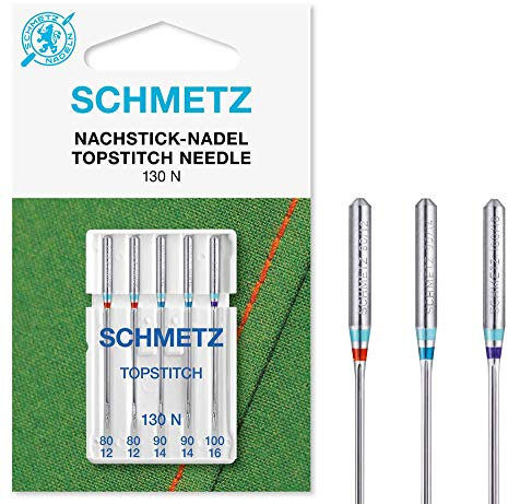 SCHMETZ | 5 Nähmaschinennadeln | Nachstick (Topstitch) | 130/705 H-N | Nadeldicke 80/12-100/16 | auf jeder gängigen Haushaltsnähmaschine und Haushaltsstickmaschinen einsetzbar