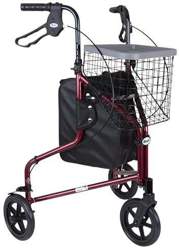 Days Lightweight Aluminium 3 Wheel Walker – Height Adjustable and Foldable Mobility Aid for Elderly – Triwalker with Basket, Tray, Bag and Lockable Brakes – Indoor and Outdoor Walker – Ruby Red