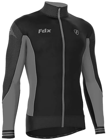 FDX Men’s Thermodream Winter Cycling Jersey Long Sleeve, Water Resistant, Windproof, Thermal, Lightweight, Warm Super Roubaix Fabric, Cycle Top, Bicycle Riding Sports MTB Clothing (Grey L)
