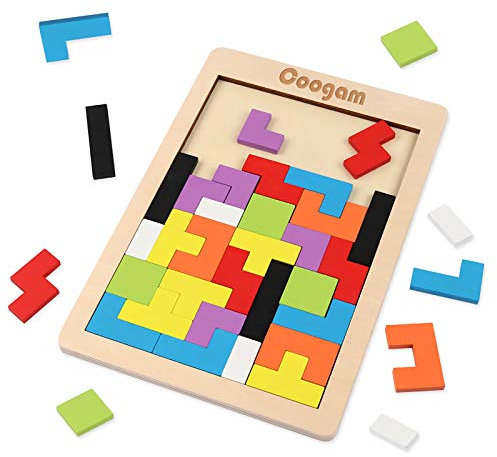 Coogam Holz Puzzle 40 Stück Tangram Puzzle Gehirntraining Spielzeug für Kinder, Holzpuzzle Box Gehirn Spiel Baustein Intelligenz pädagogisches Geschenk für Kleinkinder