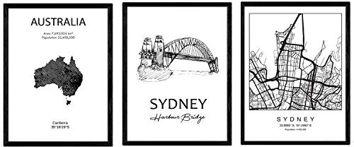 Nacnic Pack von Plakaten und Denkmäler Ländern. Sydney Stadtplan, Karte Denkmal Harbour Bridge und Australien. A3 Größe