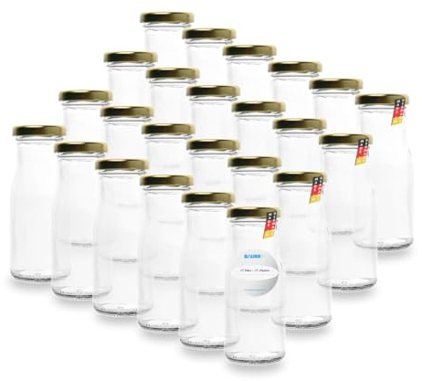 Flaschenbauer - 24x Glasflaschen 150ml mit Deckel TO43 in Gold - Flaschen zum Befüllen inkl. Etiketten, Saftflaschen, Milchflaschen, Vorratsflaschen, Einmachgläser, Smoothie Flaschen - Made in Germany