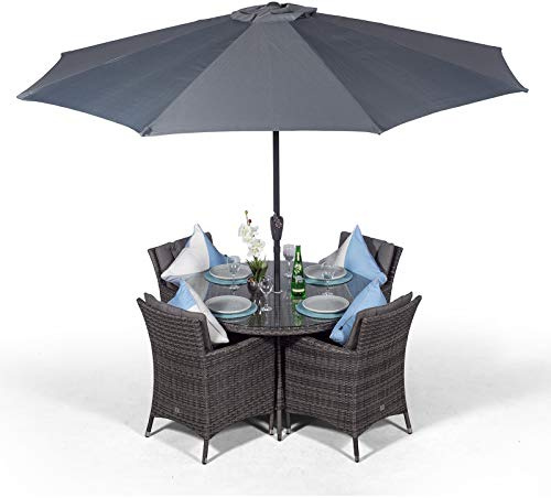 Giardino Savannah Rattan Garden Dining Set 4 Seater Outdoor Round Garden Table & Chairs, Patio Furniture with Parasol & Cover, Aluminium Frame, 120cm, Grey