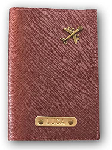 Nessis Manufactur Reisepasshülle personalisiert mit Namensgravur und Symbol, Namen, Reiseetui, Travelwallet, Dokumententasche, Ausweistasche (Rotbraun Metallic)